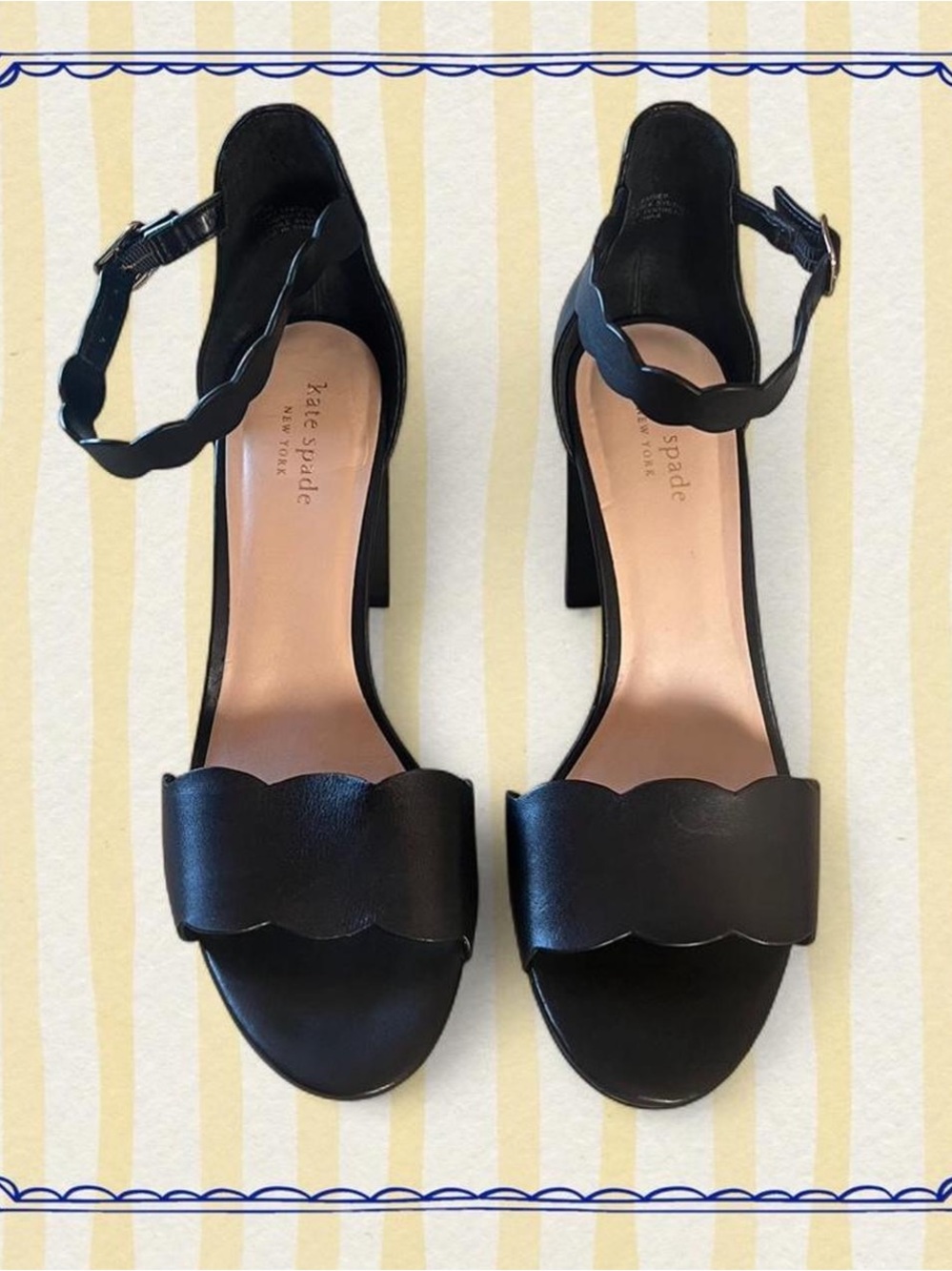 Kate Spade New York Black Leather Scallop Ankle-Strap Block Heel Sandals